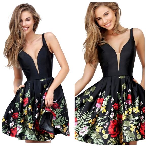 Sherri Hill Floral Fit and Flare Satin Mini Dress Lace Up Back with Pockets - Picture 1 of 16